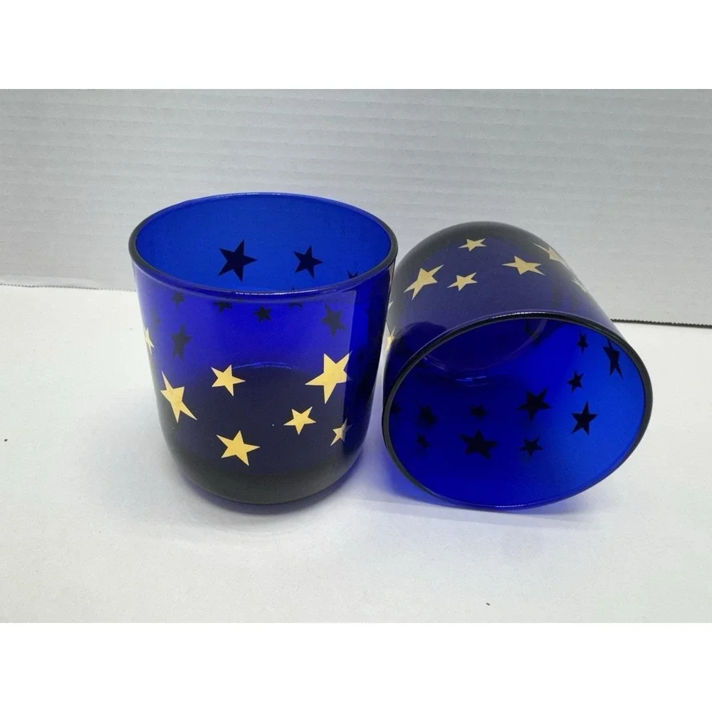 Vtg Cobalt Blue Celestial Gold Stars Lowball Glasses Set Of 2 Libbey